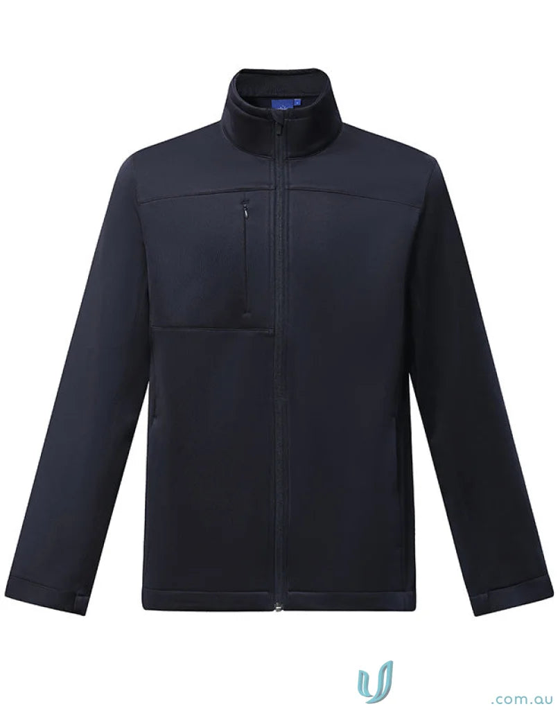 Navy blue sustainable softshell jacket with zip closure, perfect for corporate style