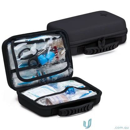 Black SwiftCare 225-Piece Aid Kit in EVA Case with organized supplies and handle