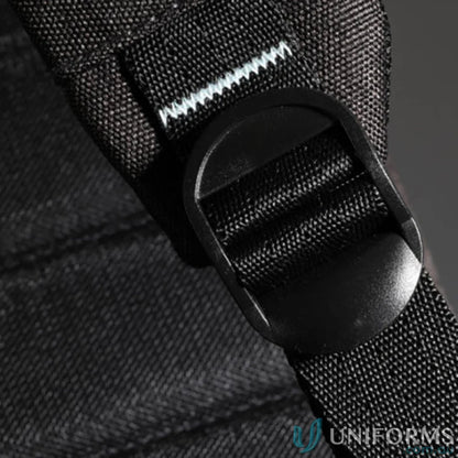 Black adjustable strap buckle on Swissdigital Arosa Backpack for work uniforms and gear