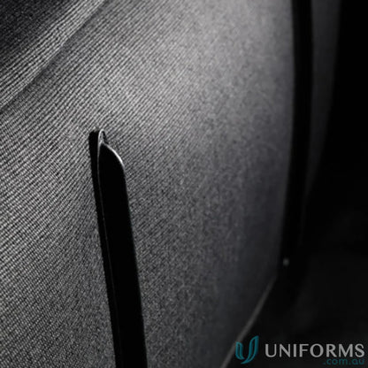 Gray textured fabric with black trim on Swissdigital Arosa Duffle Bag, great for work uniforms