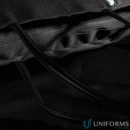Black leather tote bag from Swissdigital Arosa Tote Bag, perfect for work uniforms