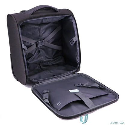 Open black Swissdigital Arosa Underseat Luggage showing spacious interior for travel