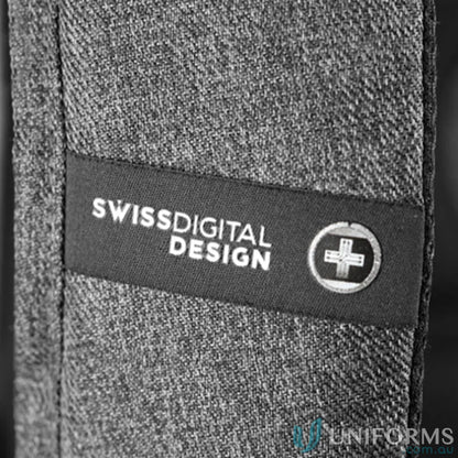 Gray fabric with logo patch on Swissdigital Cosmo 3.0 Backpack, padded workwear style