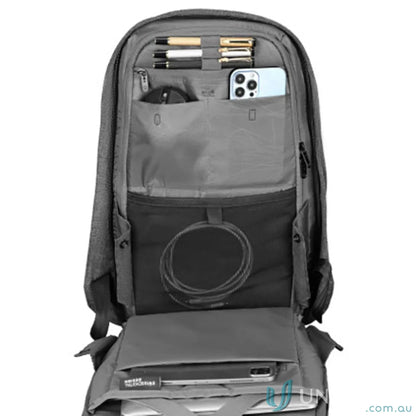 Open gray Swissdigital Cosmo 3.0 backpack with padded compartments for workwear or uniforms