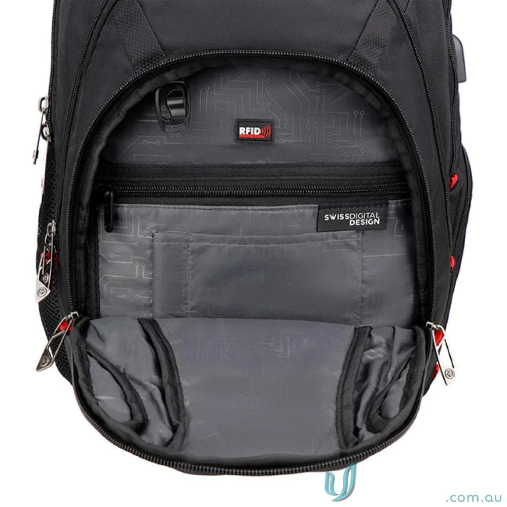 Open black Swissdigital Pixel Backpack perfect for workwear and fitting your uniforms
