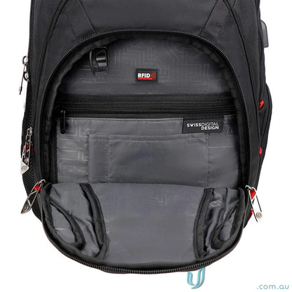 Open black Swissdigital Pixel Backpack perfect for workwear and fitting your uniforms