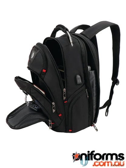 Open Swissdigital Pixel Backpack showing fit for workwear and uniforms