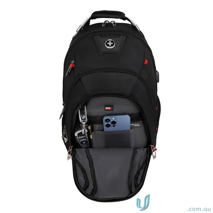 Open Swissdigital Pixel Backpack showing fit and workwear essentials for uniforms