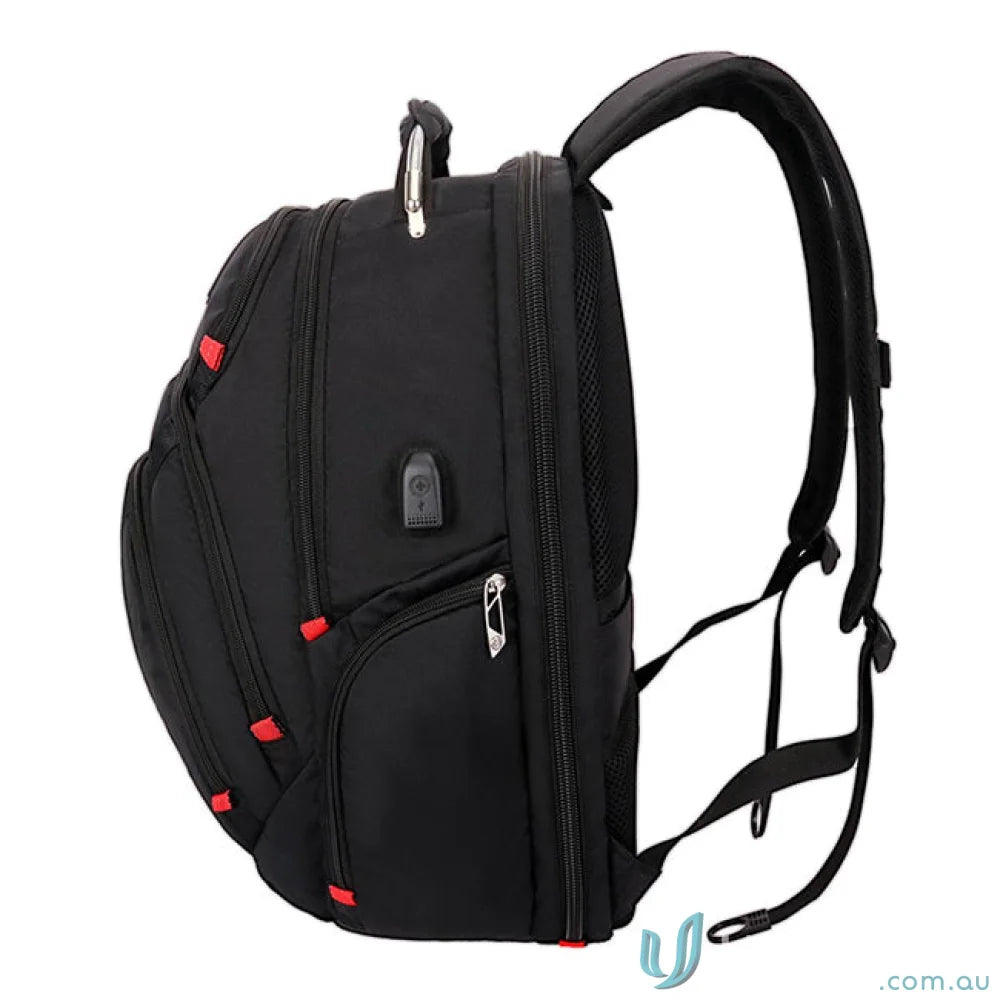 Black Swissdigital Pixel Backpack with red accents, perfect fit for workwear and uniforms