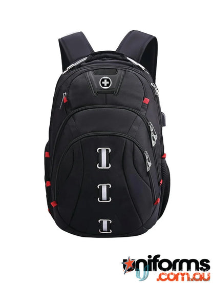 Swissdigital Pixel Backpack with black fit and red accents, perfect for workwear or uniforms