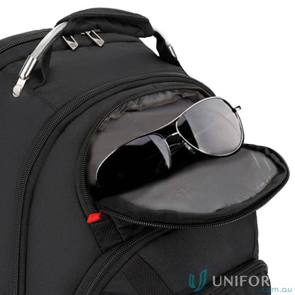 Black Swissdigital Pixel Backpack with sunglasses, perfect fit for workwear and uniforms