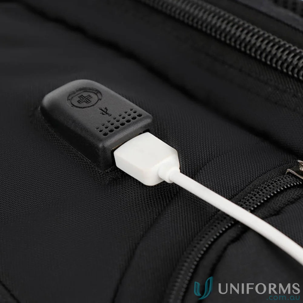 Black Swissdigital Pixel Backpack with USB charging port, perfect fit for workwear and uniforms