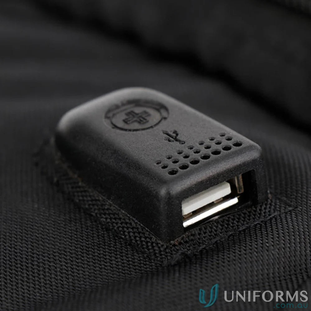 Black USB port on Swissdigital Pixel Backpack perfect for workwear and fit uniforms