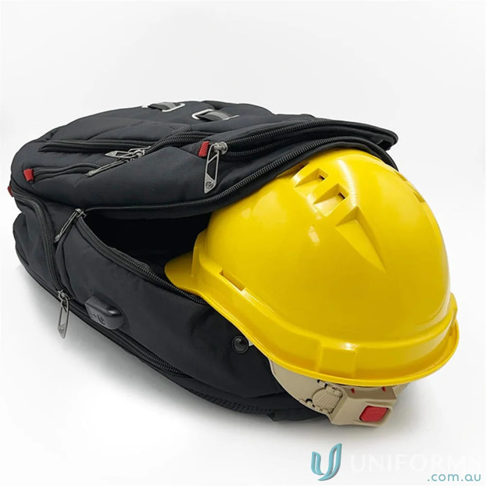 Swissdigital Pixel Backpack with black fit and yellow workwear hardhat inside
