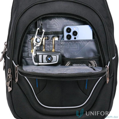 Black Swissdigital Terabyte Backpack with contents, perfect fit for workwear and uniforms