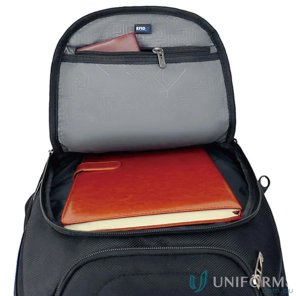Open Swissdigital Terabyte Backpack showing spacious fit for workwear and uniforms