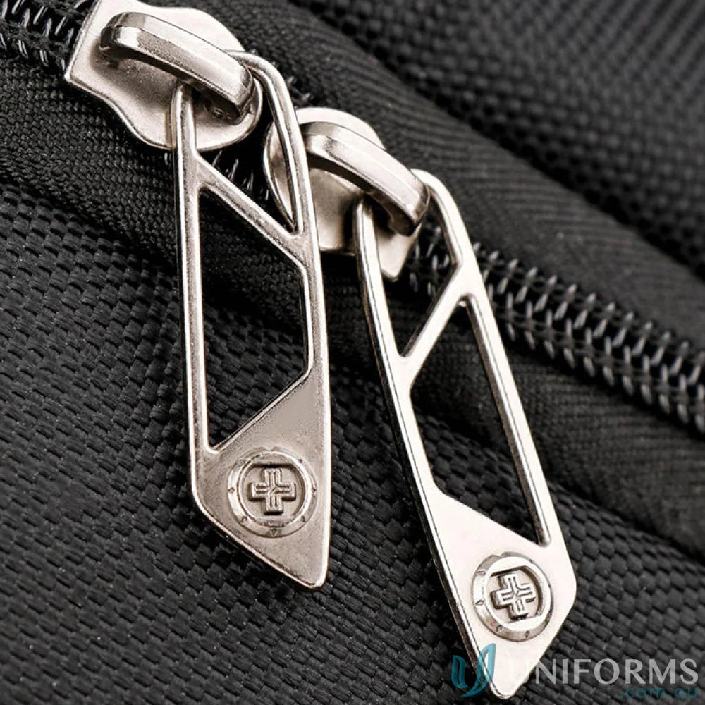 Silver zipper pulls with geometric design on Swissdigital Terabyte Backpack for workwear style