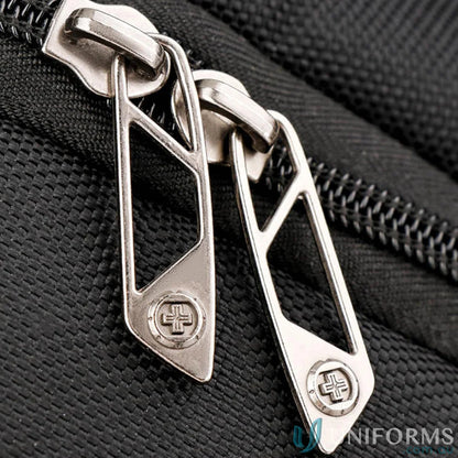 Silver zipper pulls with geometric design on Swissdigital Terabyte Backpack for workwear style