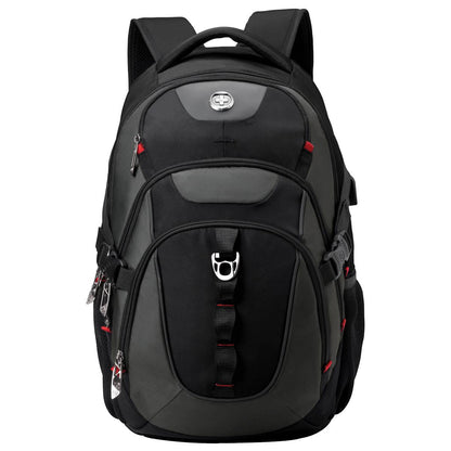 Black Swissdigital Vector Backpack with red accents and compartments