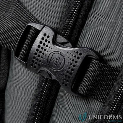 Black plastic buckle with circular perforations on Swissdigital Vector Backpack work uniforms
