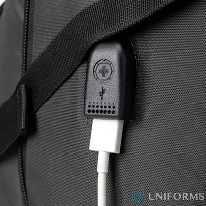 Black USB port on Swissdigital Vector Backpack for work uniforms and workwear