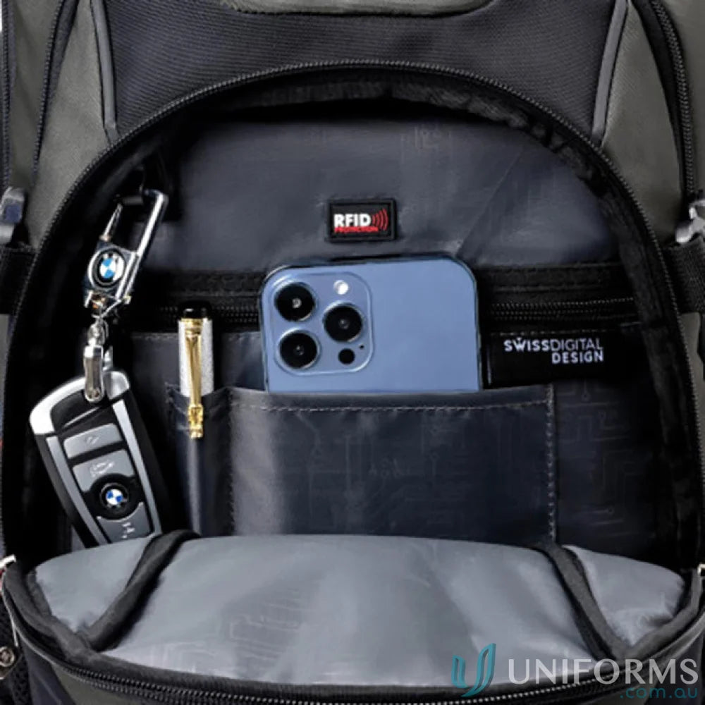 Open Swissdigital Vector Backpack interior showing storage for work uniforms and gear