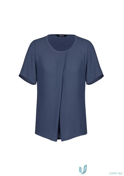 Blue Sydney Top with short sleeves and asymmetrical front, rt065ls for everyday elegance