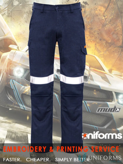 Navy work pants with reflective stripes from the Syzmic Range Men’s Orange Flame Taped Cargo Pant ZP521