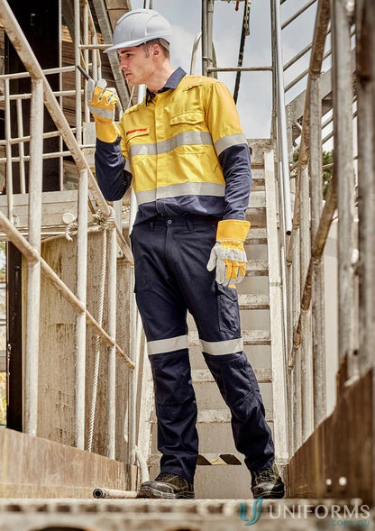 Construction worker in safety gear wearing Syzmic Range Men’s Orange Flame Taped Cargo Pant ZP521