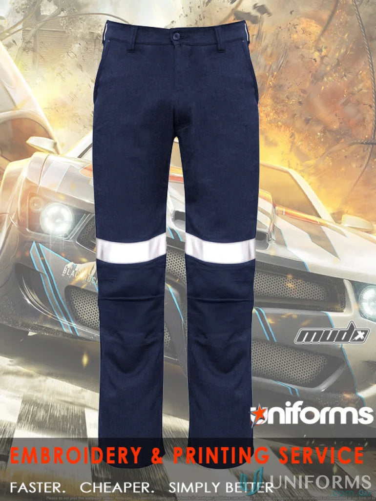 Navy work pants with reflective tape and traditional style taped crotch gusset