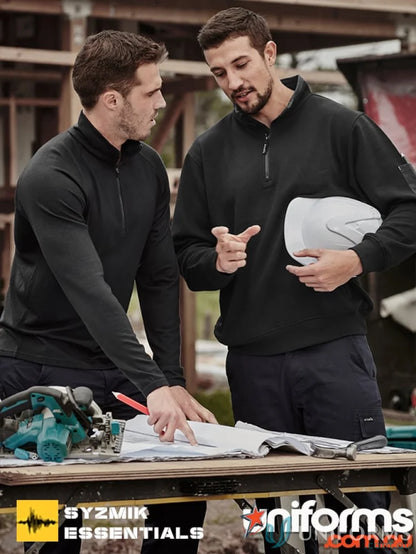 Two men wearing black zip brushed fleece Syzmic Half Zip Fleeces with zippered hip pockets