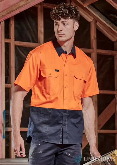 Orange and navy blue Syzmic Hi Vis SS Shirt, breathable cotton work shirt offers comfort