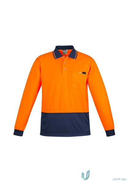 Orange and navy long sleeve polo shirt from Syzmik Men’s High Visibility collection
