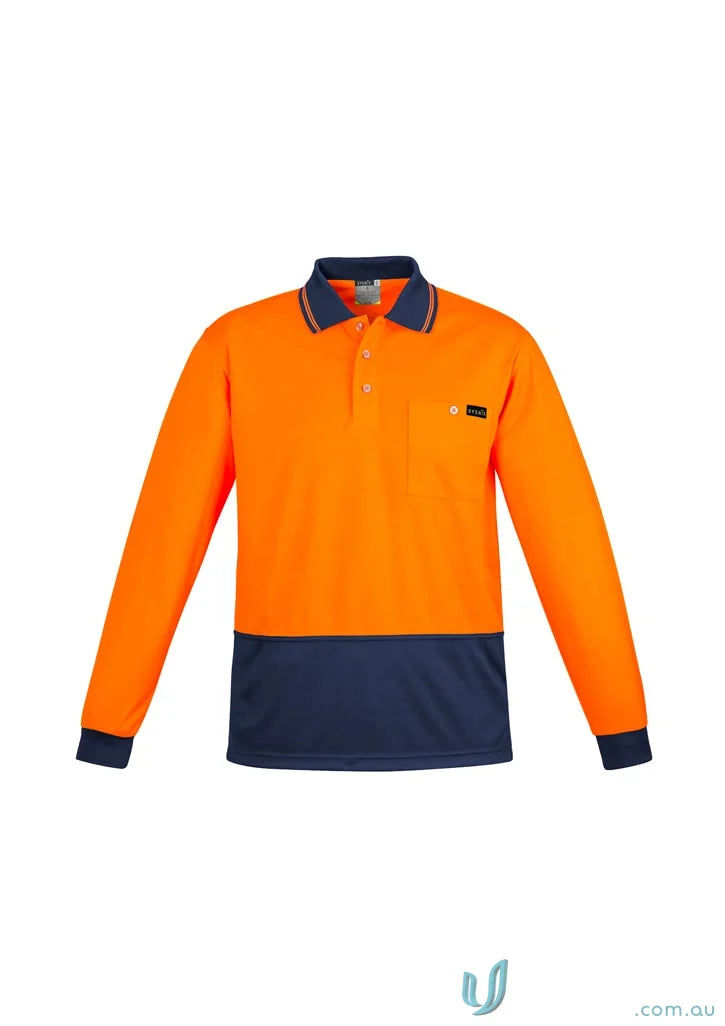 Orange and navy long sleeve polo shirt from Syzmik Men’s High Visibility collection