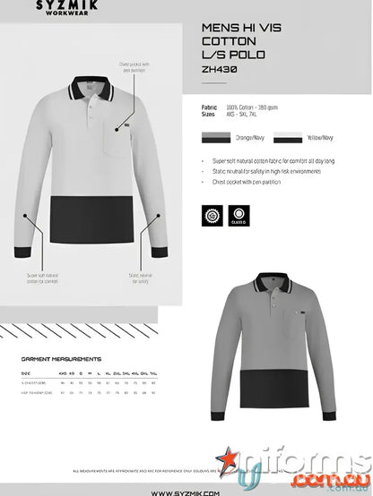 Men’s hi-vis cotton long-sleeve polo shirt, Szyzmik men’s sleeve polo zh430 for safety