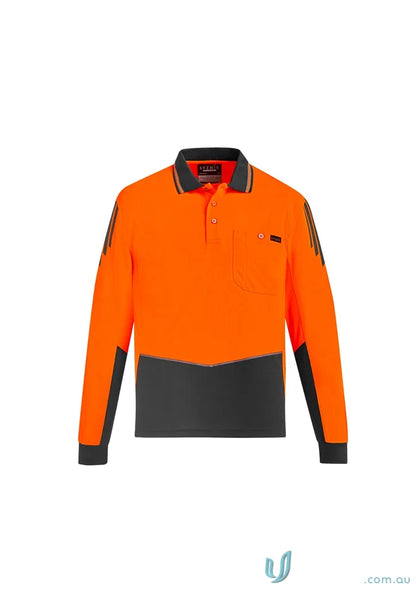 Orange and gray flux long sleeve polo shirt from Syzmik Men’s SYZMIC HiVis Flux LS Polo