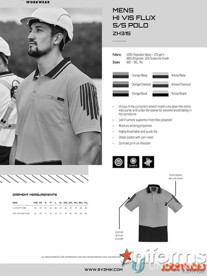 Men’s Syzmik Flux Short Sleeve Polo ZH315 for men, HiVis Flux SS polo shirt info