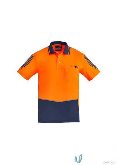 Orange and navy blue flux short sleeve polo Zh315 for Szymik men’s Syzmic HiVis Flux SS Polo