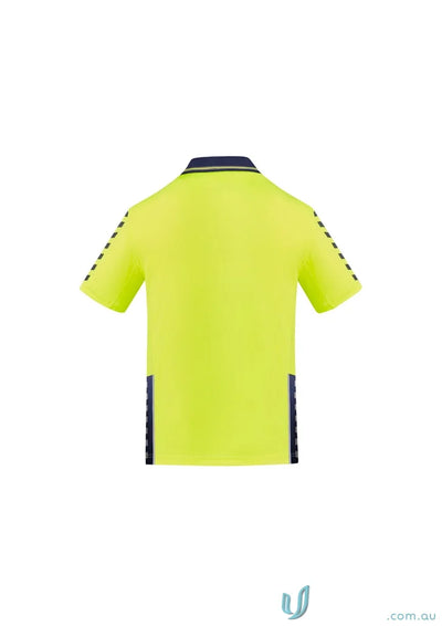 Neon yellow Syzmik Men’s Vis Komodo Sleeve Polo ZH320 with dark blue accents