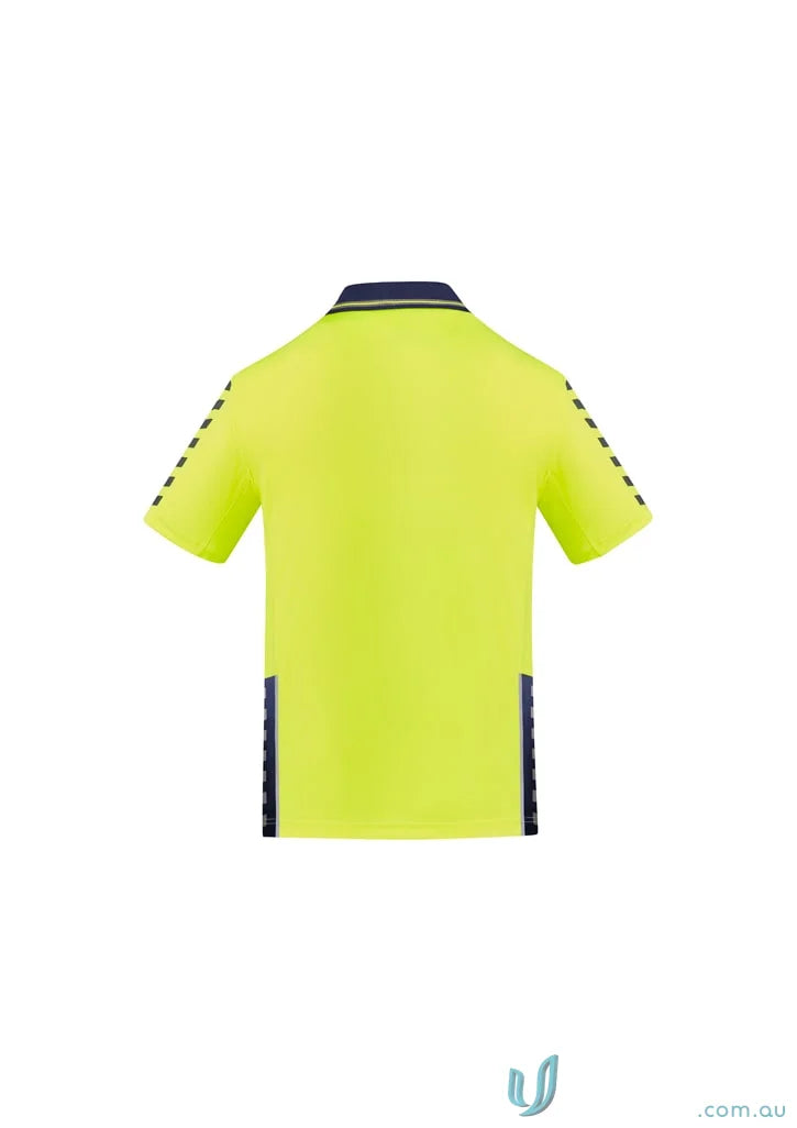 Neon yellow Syzmik Men’s Vis Komodo Sleeve Polo ZH320 with dark blue accents