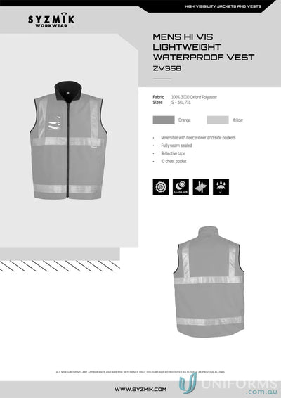 Men’s lightweight waterproof vest SYZMIC ZV358 Hi-Vis lined vest to stay dry