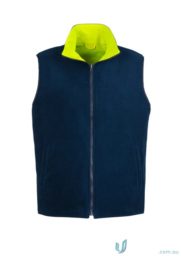 Navy blue fleece vest with neon yellow collar, Syzmic ZV358 lightweight waterproof vest for stay dry