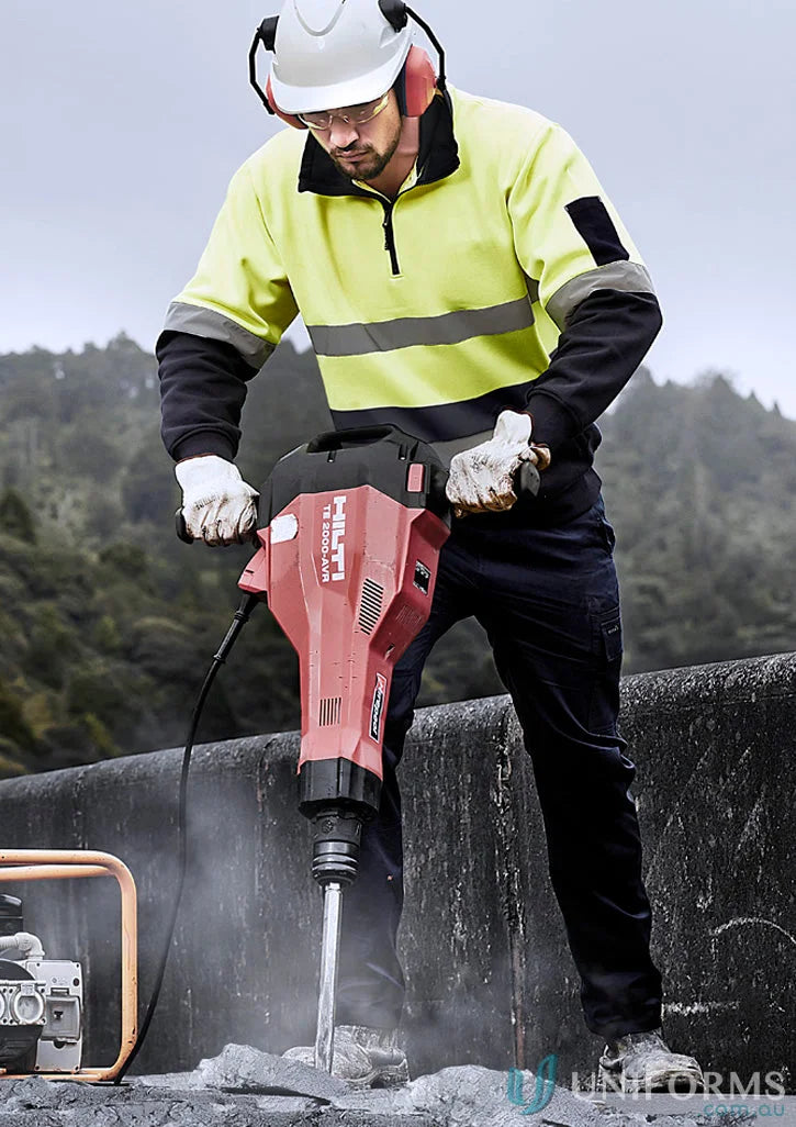 Red Hilti demolition hammer on Syzmik Unisex Premium Fleece Zip Hoop Taped Pullover