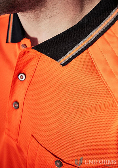 Orange hi-vis polo shirt from Syzmik Men’s Sleeve Polo ZH465, part of the Vis Reinforced Squad collection