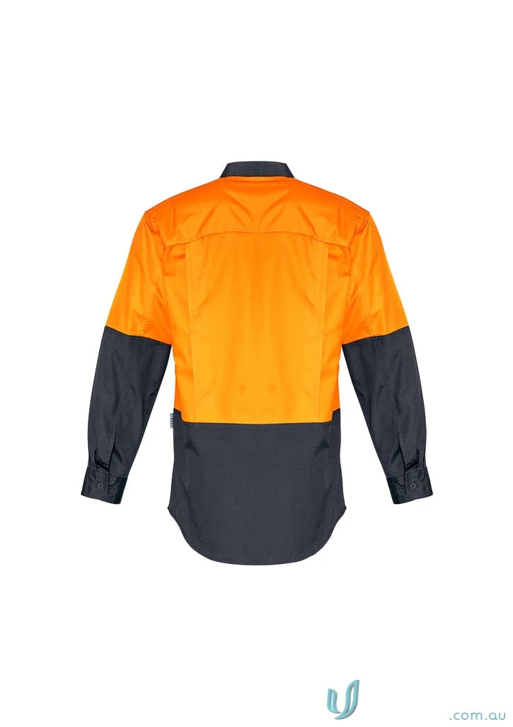 Orange and gray long-sleeved Syzmik Men’s Rugged Cooling Vis Shirt ZW128 highlighting stress points