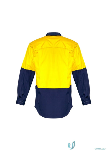 Yellow and navy blue work shirt from Syzmik Men’s Rugged Cooling Vis Shirt ZW128, durable stress point design