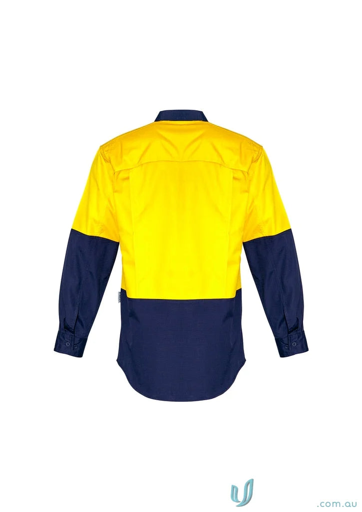 Yellow and navy blue work shirt from Syzmik Men’s Rugged Cooling Vis Shirt ZW128, durable stress point design