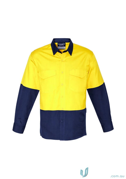 Yellow and navy blue Syzmik men’s rugged cooling VIS shirt zw128 with reinforced stress points