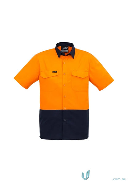 Orange and navy blue Syzmic Men’s Rugged VIs Short Sleeve Shirt for work