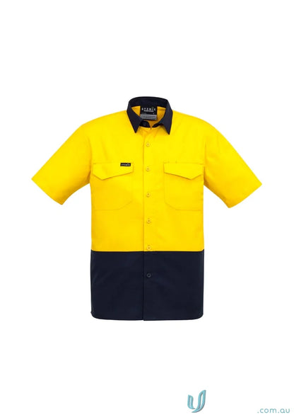 Yellow and navy blue Syzmic HiVis Rugged Cooling SS Shirt, men’s rugged short sleeve work shirt